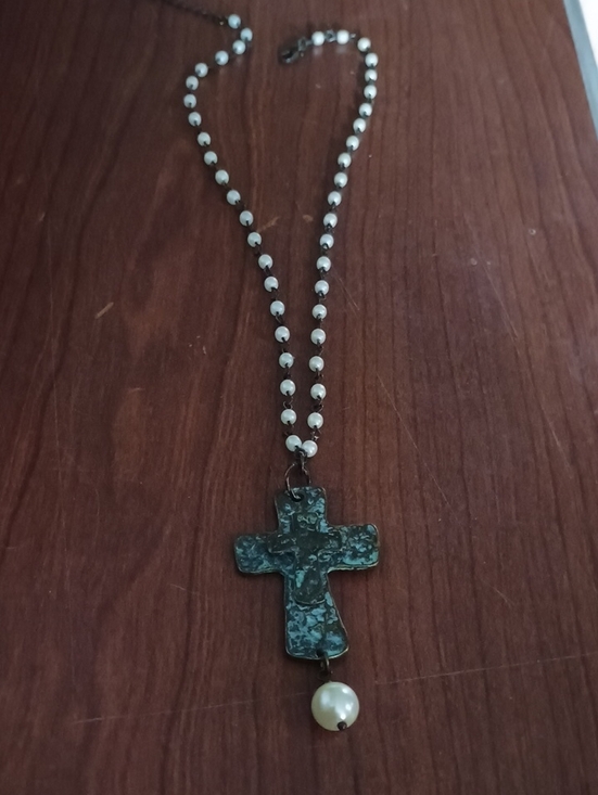 Jewelry - Pearl Bead Necklace with Patina Cross Pendant - Women Jewelry